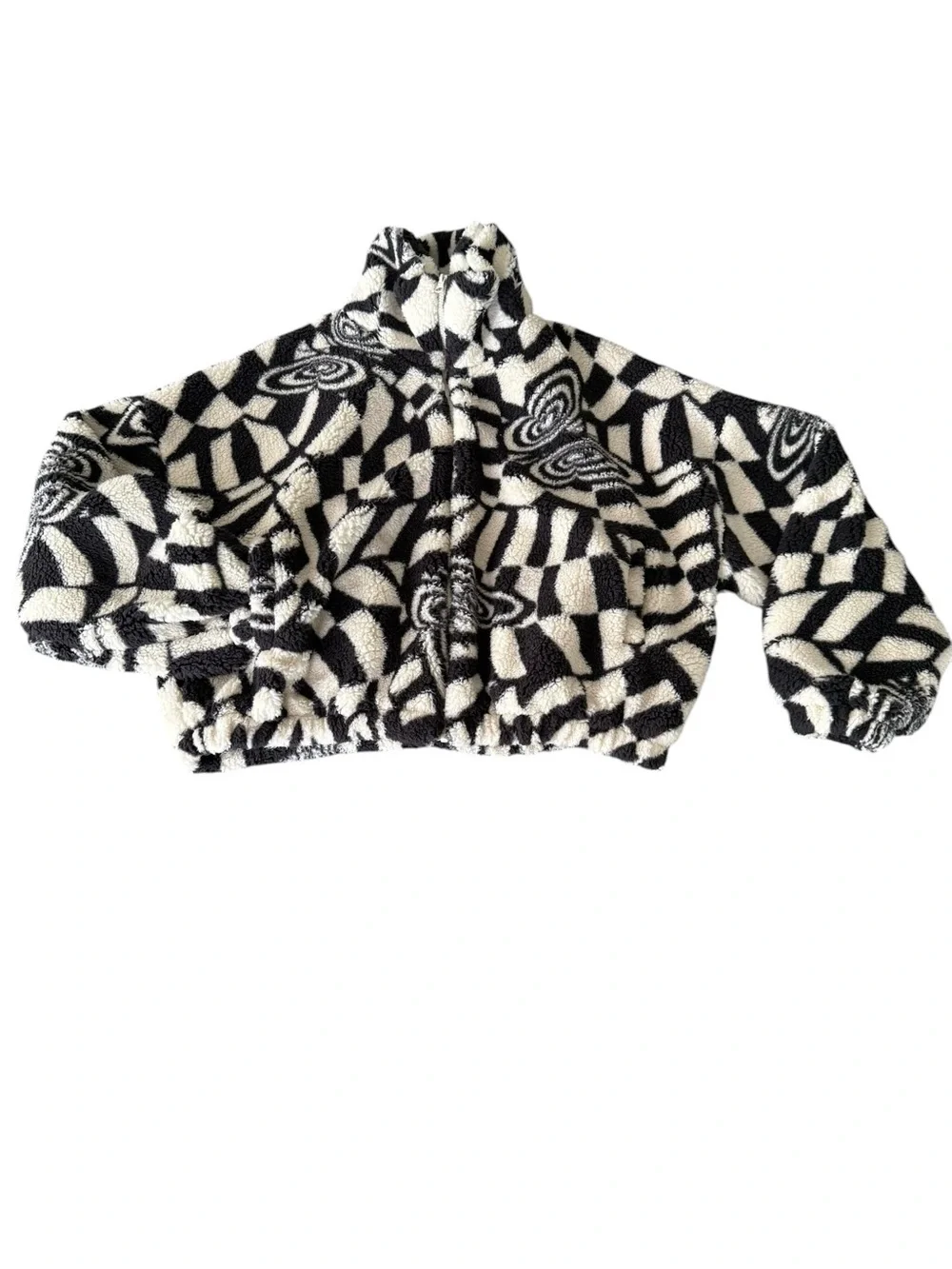 Urban Outfitters Olivia Print Sherpa Jacket Butterfly Mod Cream Black Fleece S